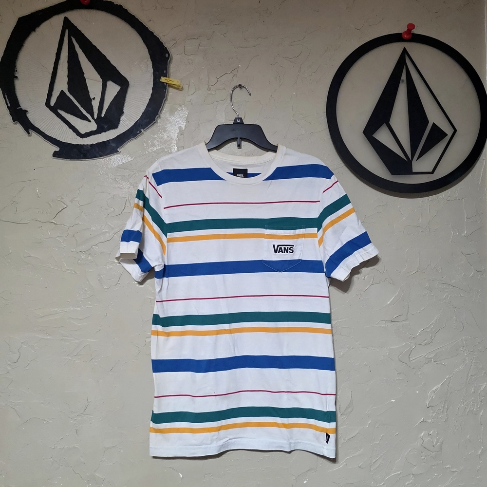 VANS White Multicolor Striped Short Sleeve Med Pocket Tee Shirt Primary Colors